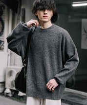 オーバーサイズウール混メランジプルオーバーニット/天竺編みクルーネック長袖セーター 14714