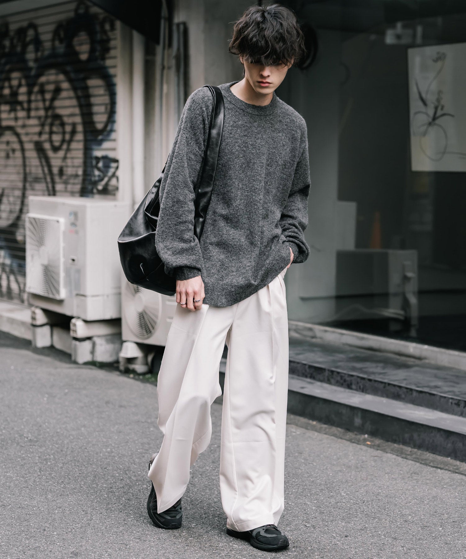 オーバーサイズウール混メランジプルオーバーニット/天竺編みクルーネック長袖セーター 14714