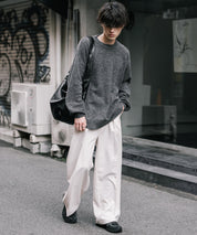 オーバーサイズウール混メランジプルオーバーニット/天竺編みクルーネック長袖セーター 14714