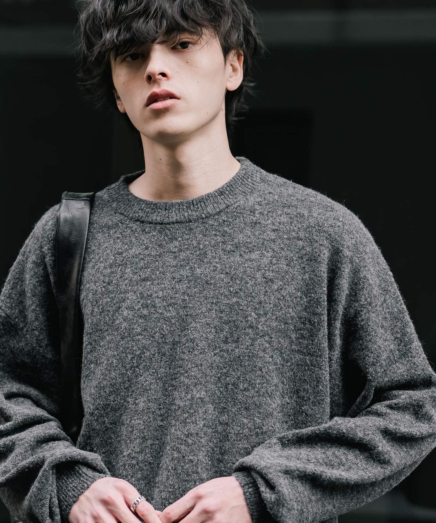 オーバーサイズウール混メランジプルオーバーニット/天竺編みクルーネック長袖セーター 14714