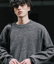 オーバーサイズウール混メランジプルオーバーニット/天竺編みクルーネック長袖セーター 14714