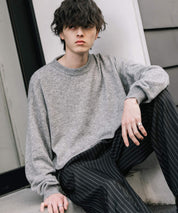 オーバーサイズウール混メランジプルオーバーニット/天竺編みクルーネック長袖セーター 14714