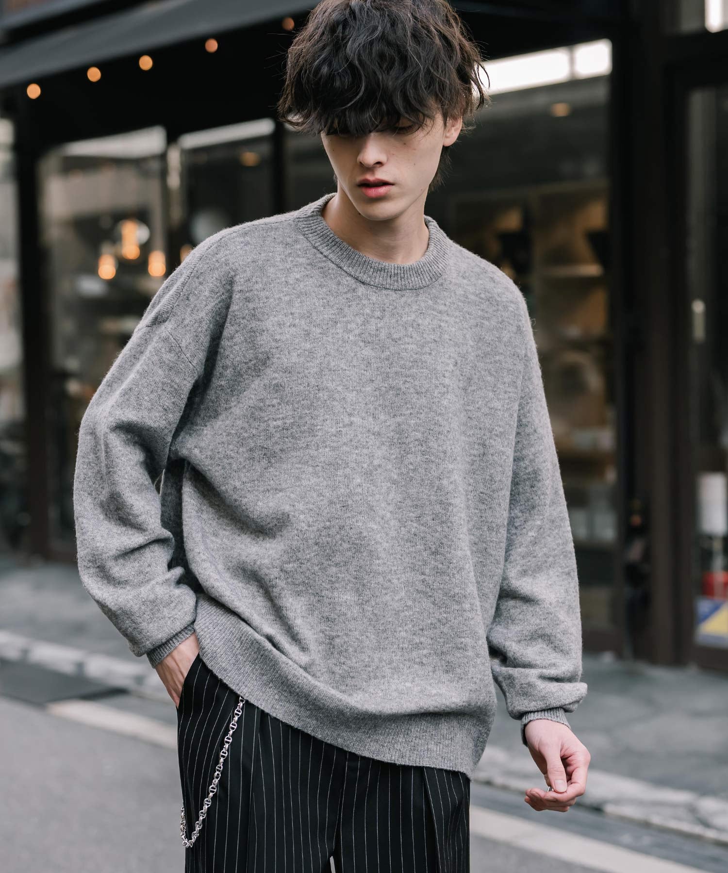 オーバーサイズウール混メランジプルオーバーニット/天竺編みクルーネック長袖セーター 14714