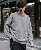 オーバーサイズウール混メランジプルオーバーニット/天竺編みクルーネック長袖セーター 14714