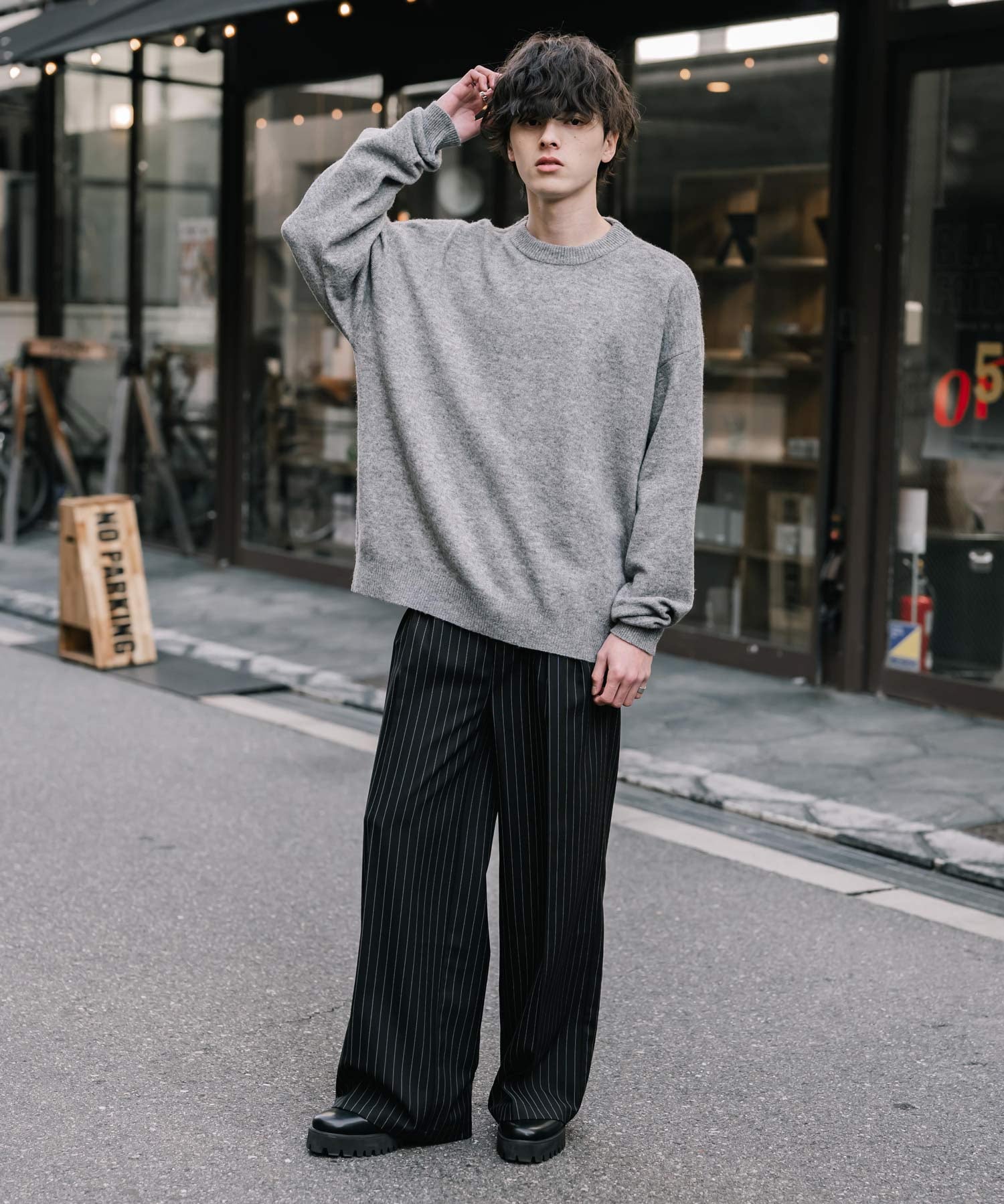 オーバーサイズウール混メランジプルオーバーニット/天竺編みクルーネック長袖セーター 14714