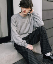 オーバーサイズウール混メランジプルオーバーニット/天竺編みクルーネック長袖セーター 14714