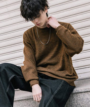 オーバーサイズウール混メランジプルオーバーニット/天竺編みクルーネック長袖セーター 14714