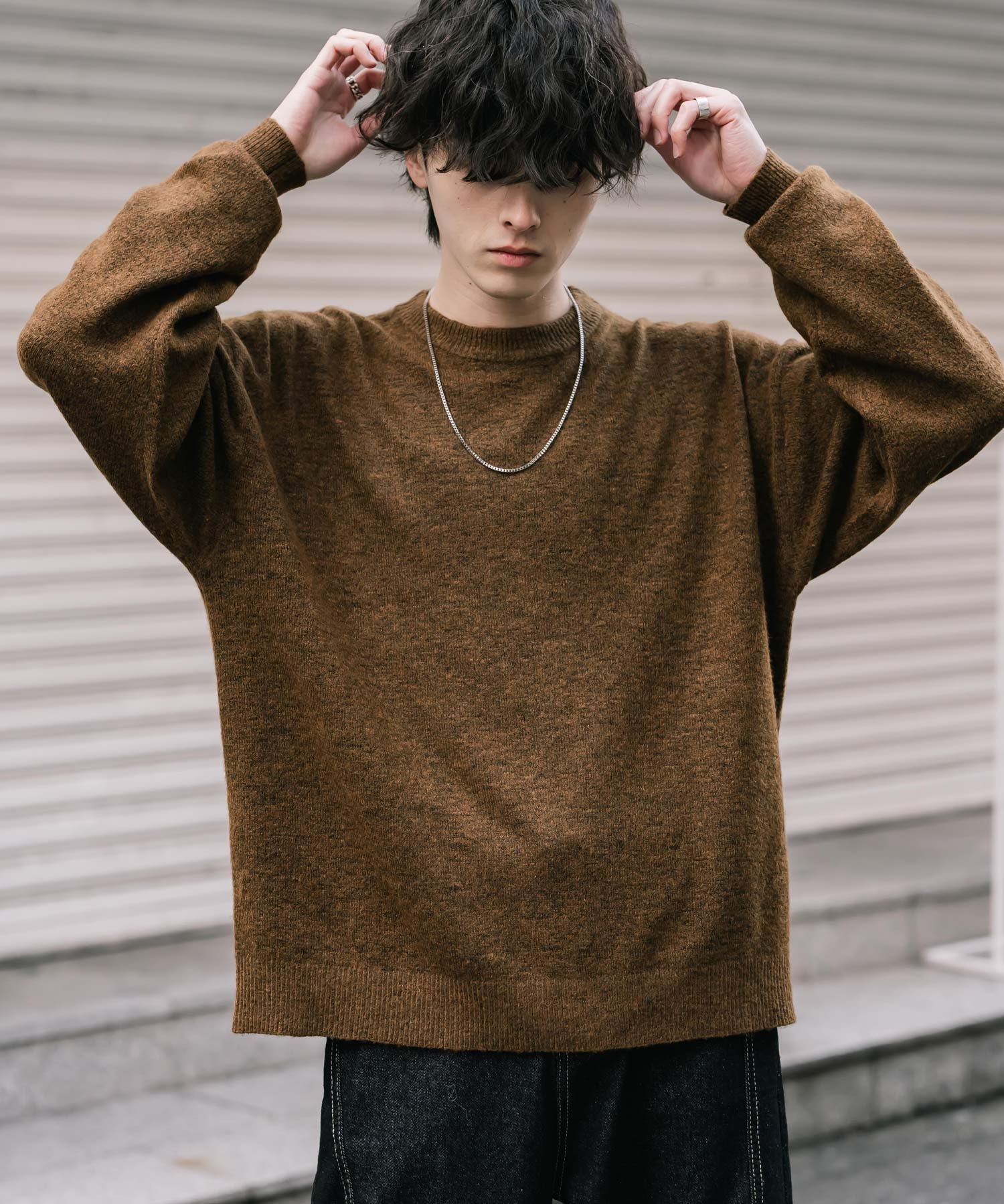 オーバーサイズウール混メランジプルオーバーニット/天竺編みクルーネック長袖セーター 14714