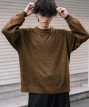 オーバーサイズウール混メランジプルオーバーニット/天竺編みクルーネック長袖セーター 14714