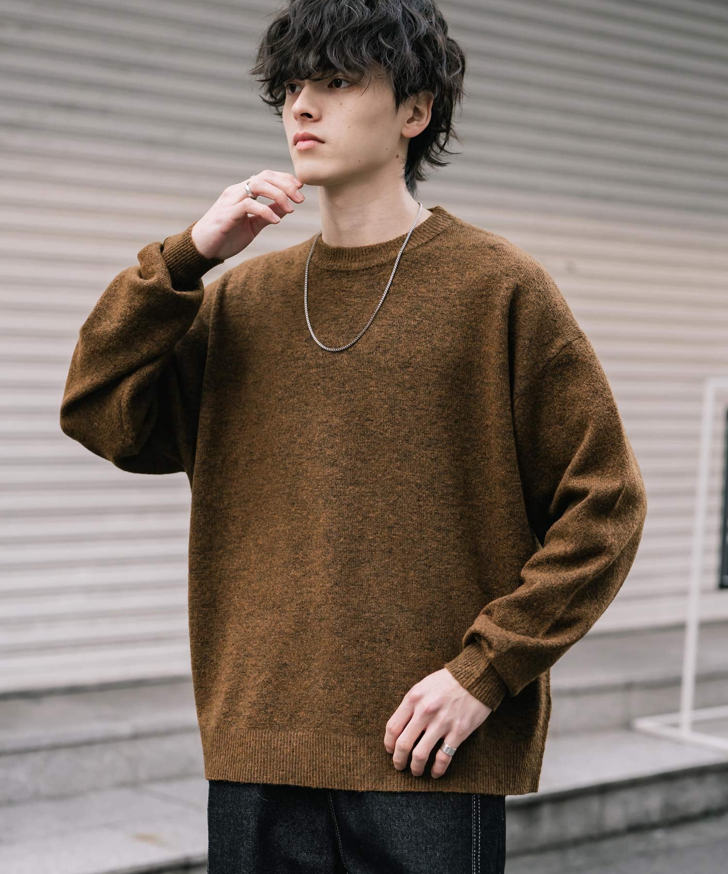 オーバーサイズウール混メランジプルオーバーニット/天竺編みクルーネック長袖セーター 14714