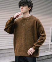 オーバーサイズウール混メランジプルオーバーニット/天竺編みクルーネック長袖セーター 14714