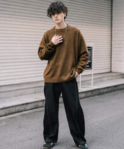 オーバーサイズウール混メランジプルオーバーニット/天竺編みクルーネック長袖セーター 14714