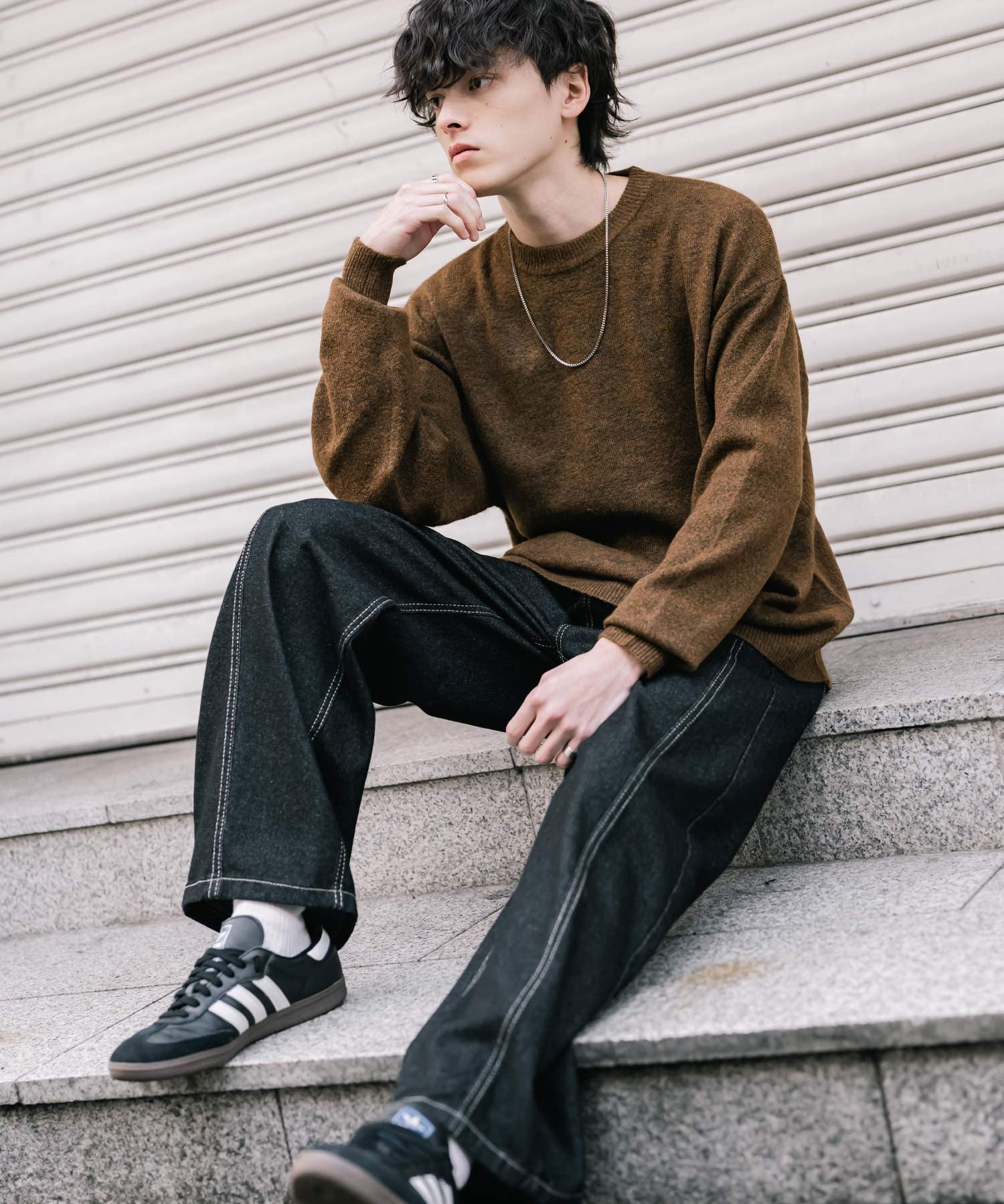 オーバーサイズウール混メランジプルオーバーニット/天竺編みクルーネック長袖セーター 14714