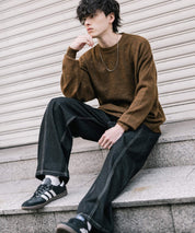 オーバーサイズウール混メランジプルオーバーニット/天竺編みクルーネック長袖セーター 14714