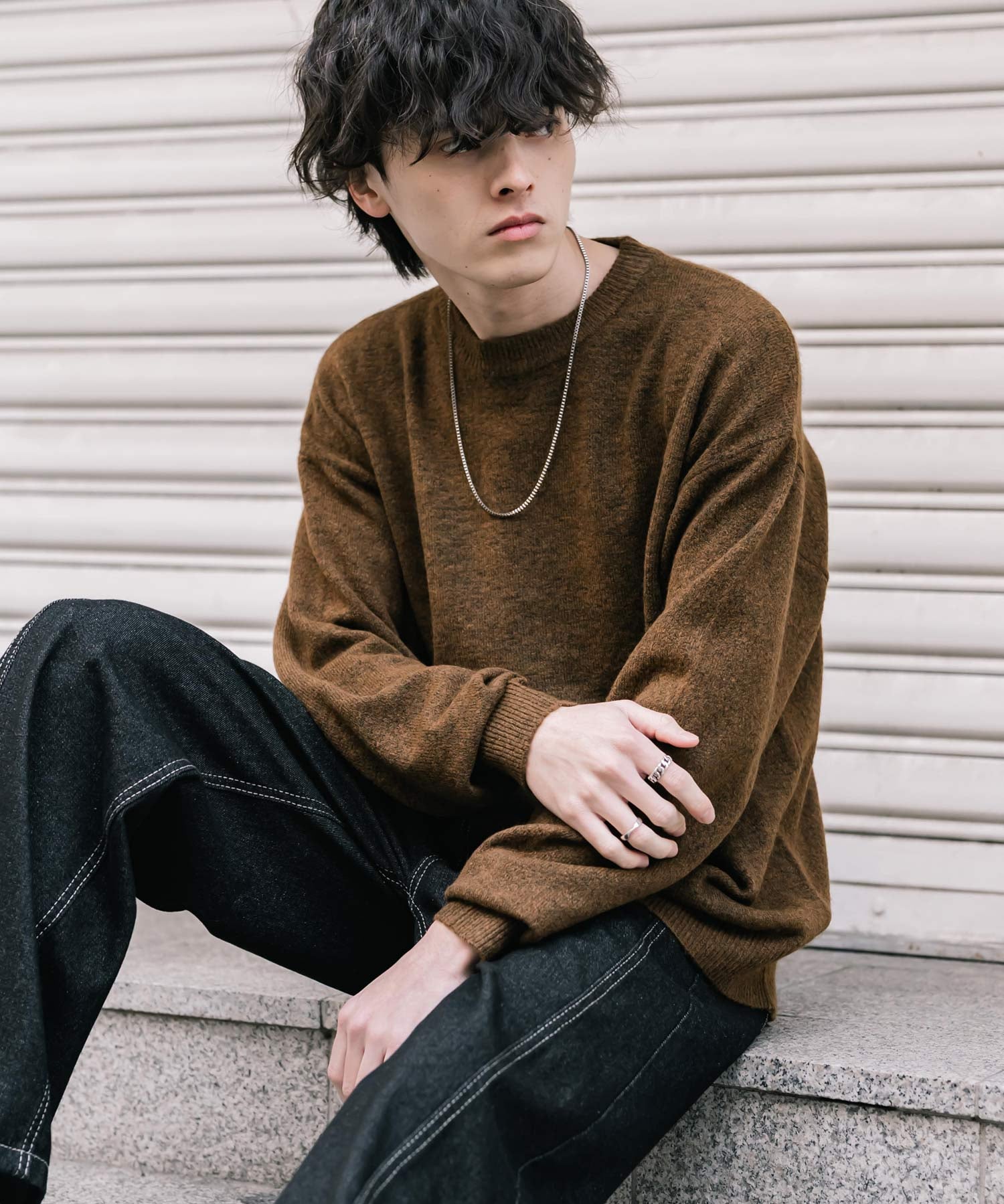 オーバーサイズウール混メランジプルオーバーニット/天竺編みクルーネック長袖セーター 14714