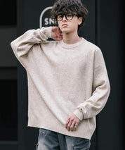 オーバーサイズウール混メランジプルオーバーニット/天竺編みクルーネック長袖セーター 14714