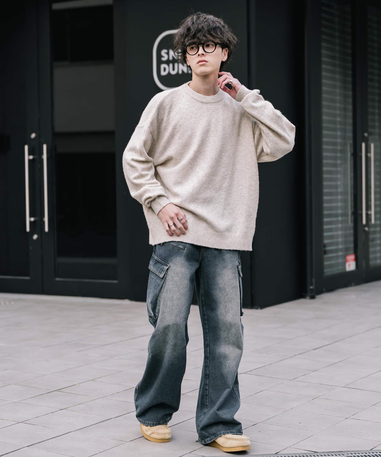 オーバーサイズウール混メランジプルオーバーニット/天竺編みクルーネック長袖セーター 14714