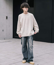 オーバーサイズウール混メランジプルオーバーニット/天竺編みクルーネック長袖セーター 14714