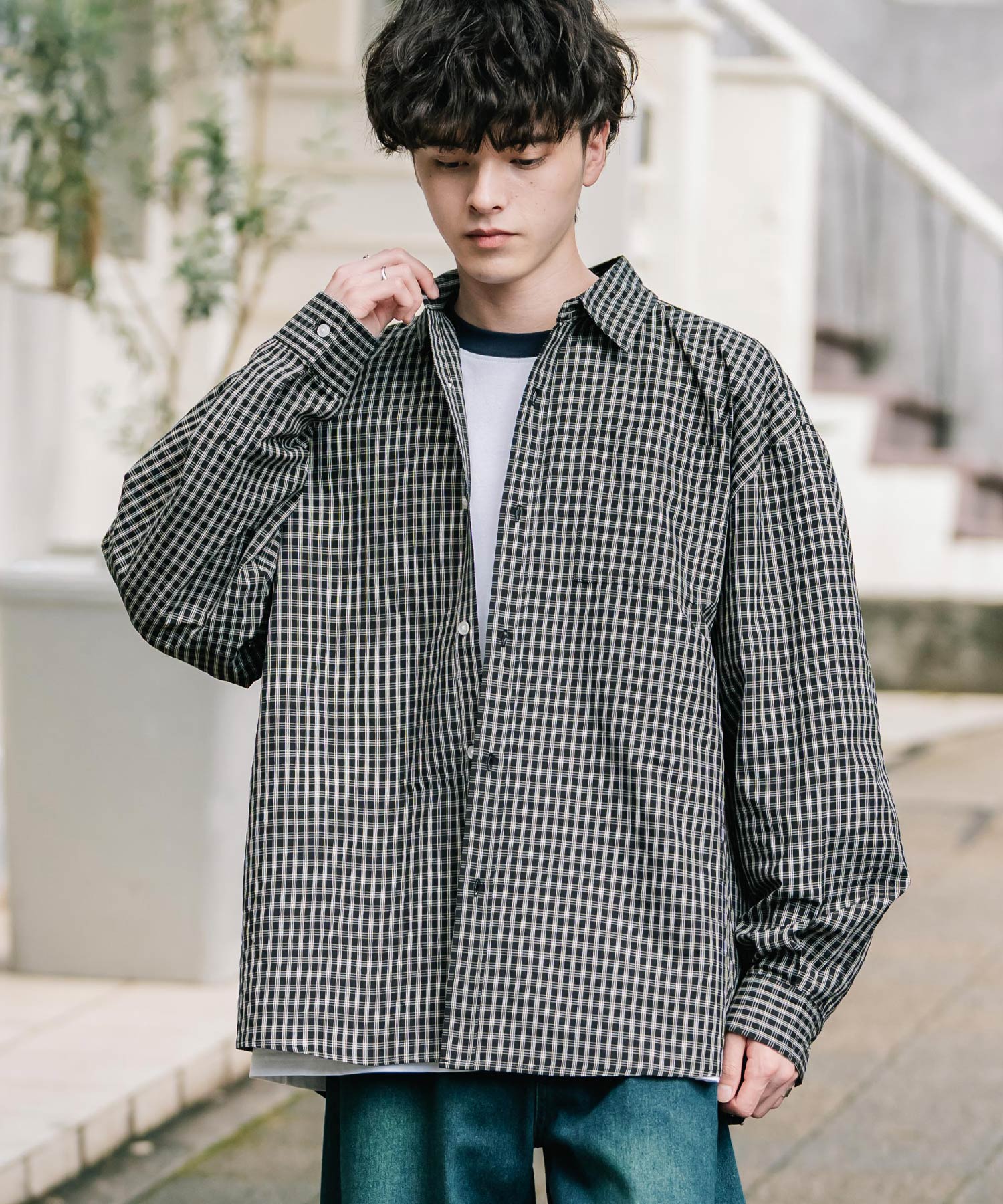 オーバーサイズTCブロード胸ポケット付きレギュラーカラー長袖シャツ