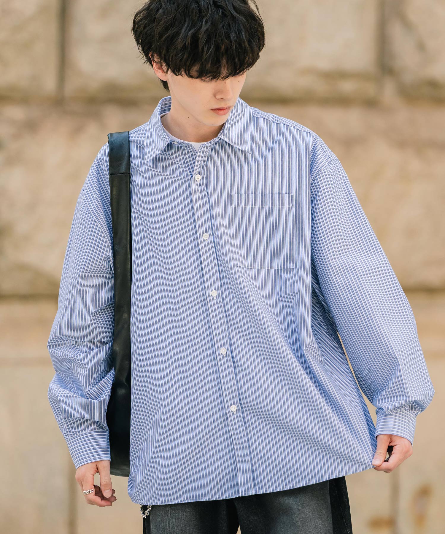 オーバーサイズTCブロード胸ポケット付きレギュラーカラー長袖シャツ