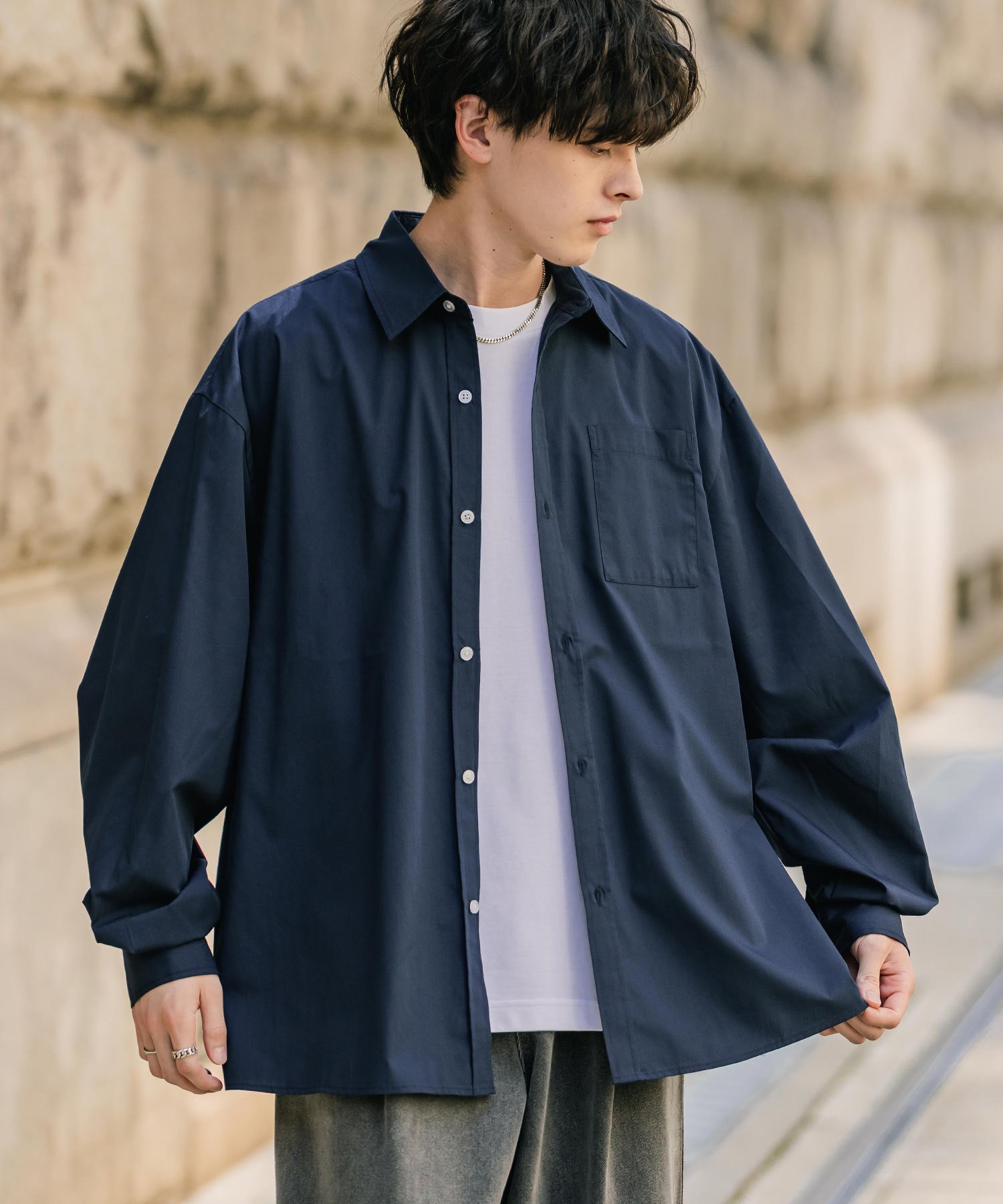 hem vent ＣＰＯシャツ オーバーシャツ オーバーサイズTCブロード胸ポケット付きレギュラーカラー長袖シャツ