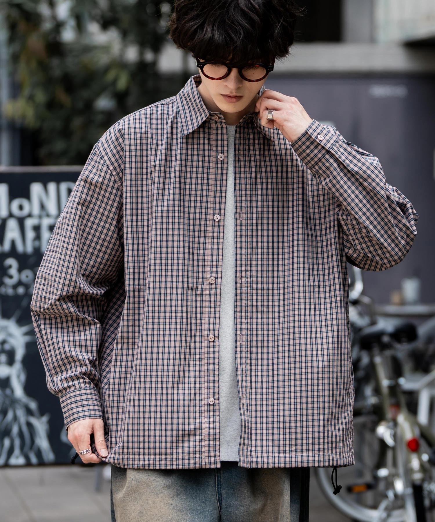 オーバーサイズ 裾ドローコード付き2WAYチェック/ストライプ/無地