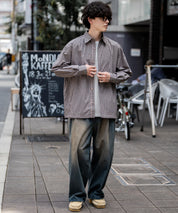 オーバーサイズ 裾ドローコード付き2WAYチェック/ストライプ/無地レギュラーカラー長袖シャツジャケット 14761