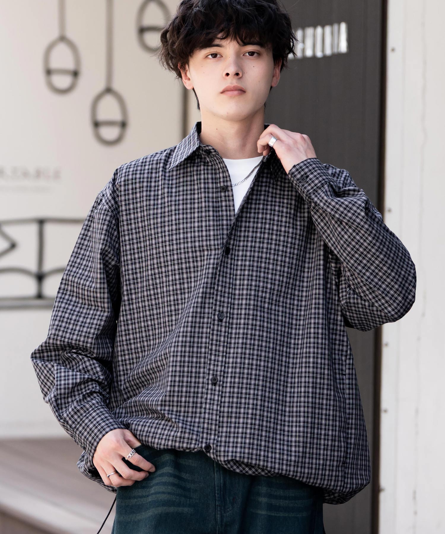 オーバーサイズ 裾ドローコード付き2WAYチェック/ストライプ/無地