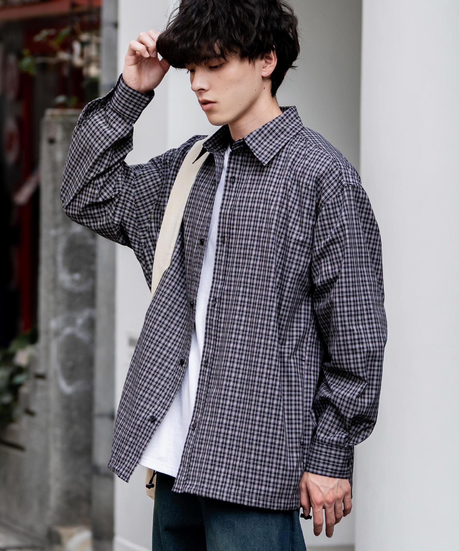 オーバーサイズ 裾ドローコード付き2WAYチェック/ストライプ/無地