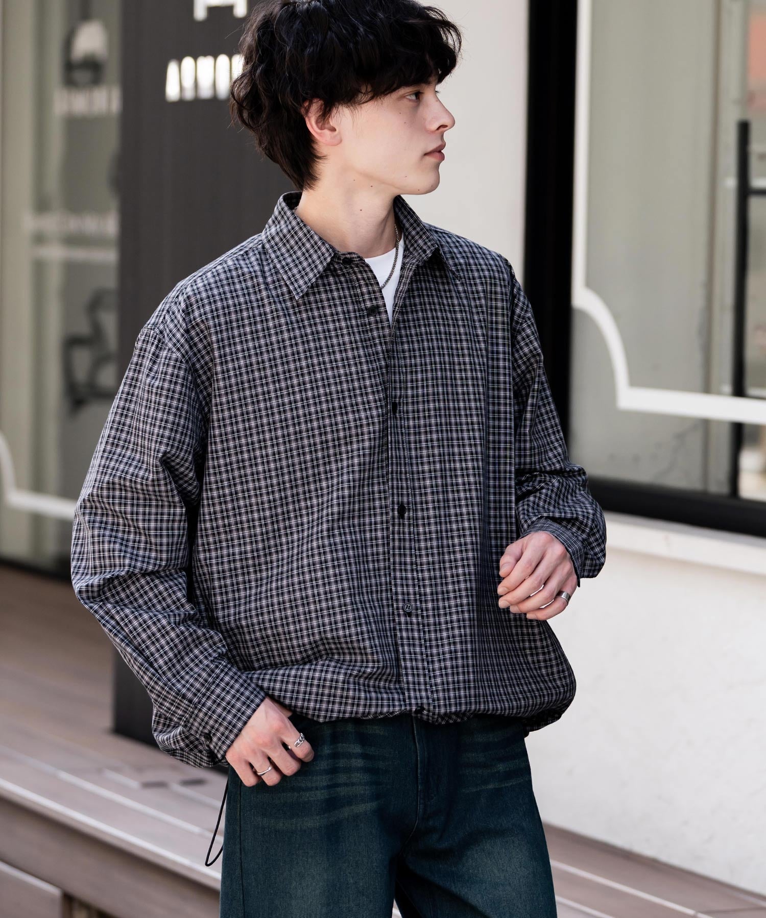 オーバーサイズ 裾ドローコード付き2WAYチェック/ストライプ/無地レギュラーカラー長袖シャツジャケット 14761