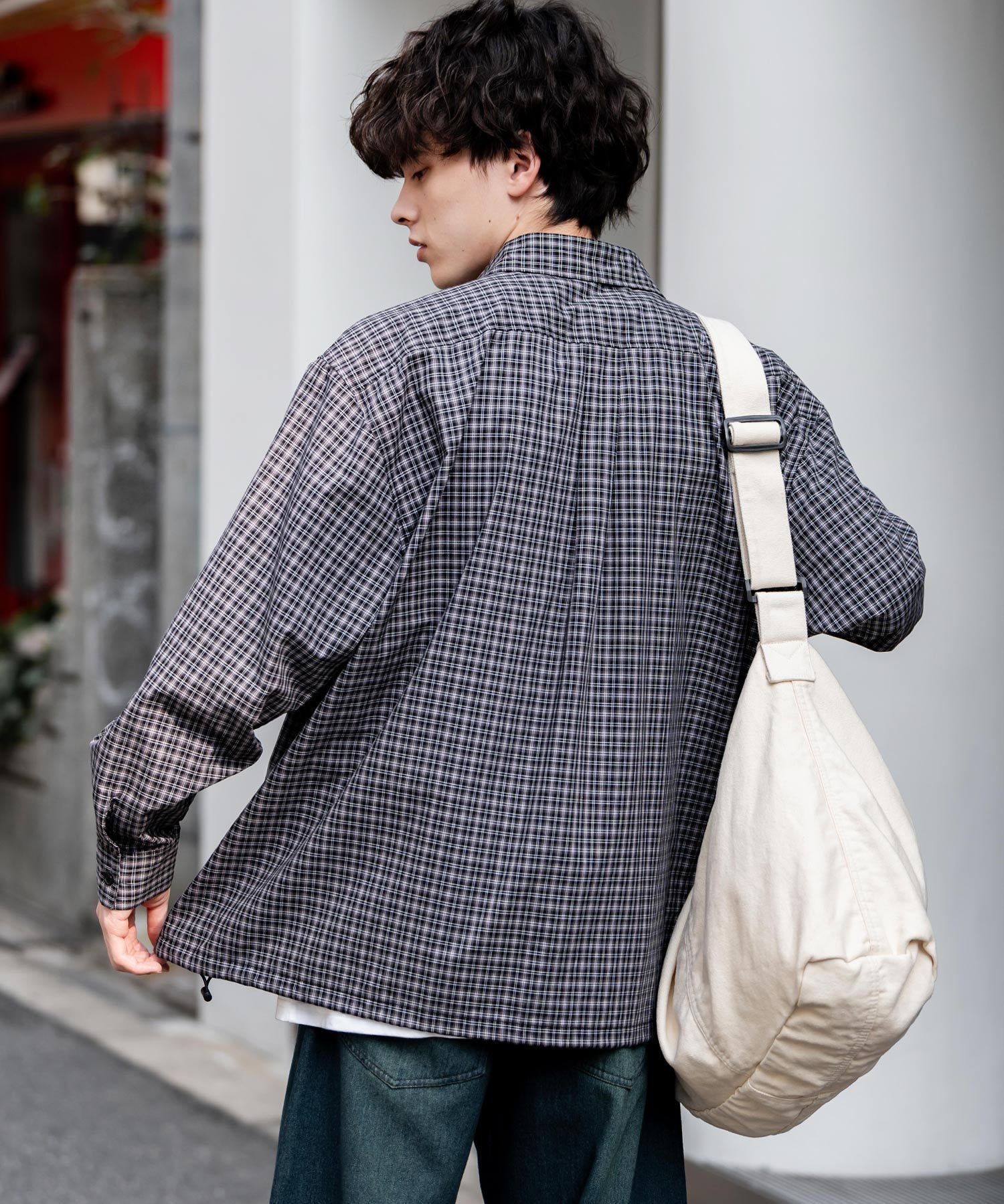 オーバーサイズ 裾ドローコード付き2WAYチェック/ストライプ/無地レギュラーカラー長袖シャツジャケット 14761