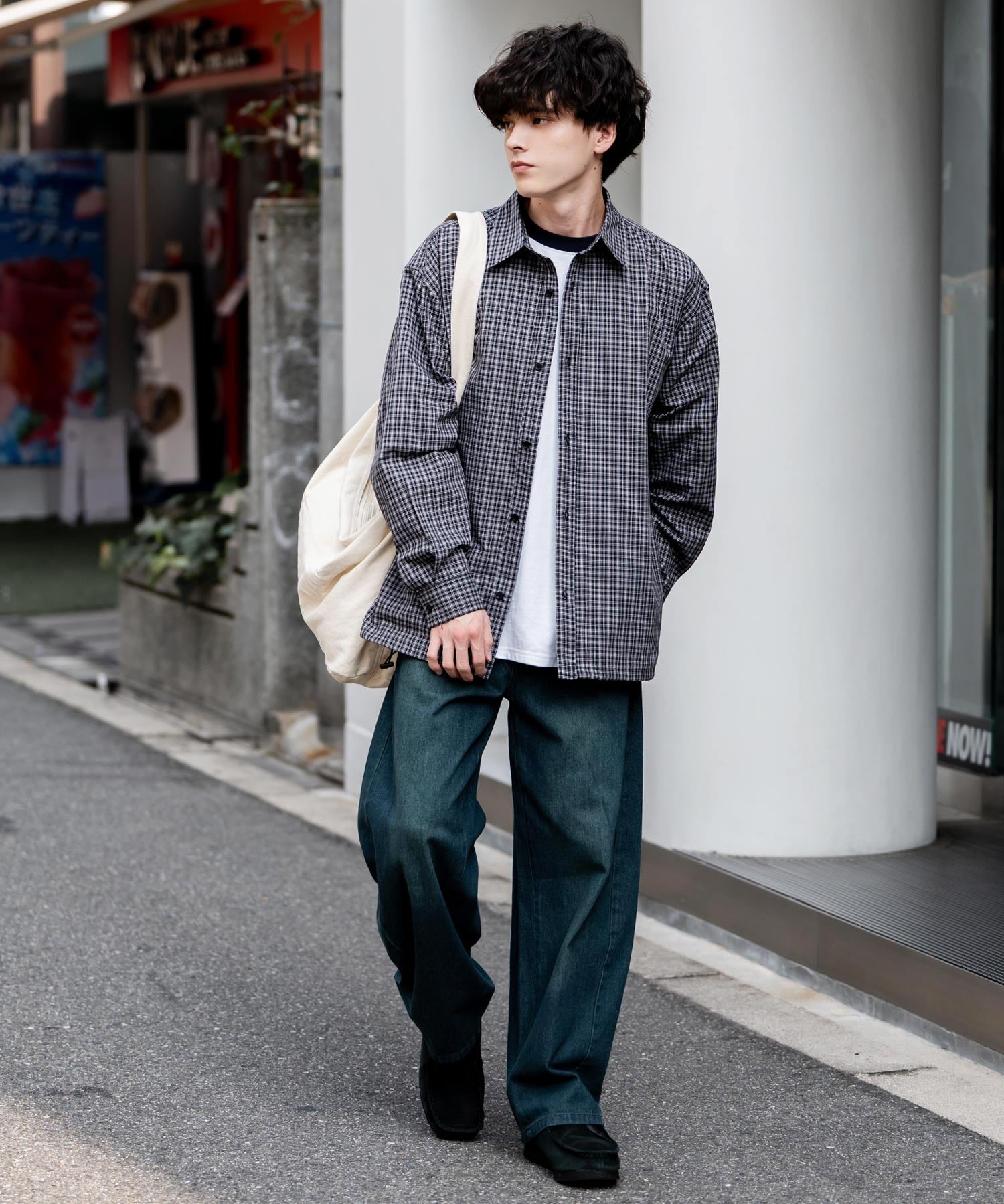 オーバーサイズ 裾ドローコード付き2WAYチェック/ストライプ/無地レギュラーカラー長袖シャツジャケット 14761