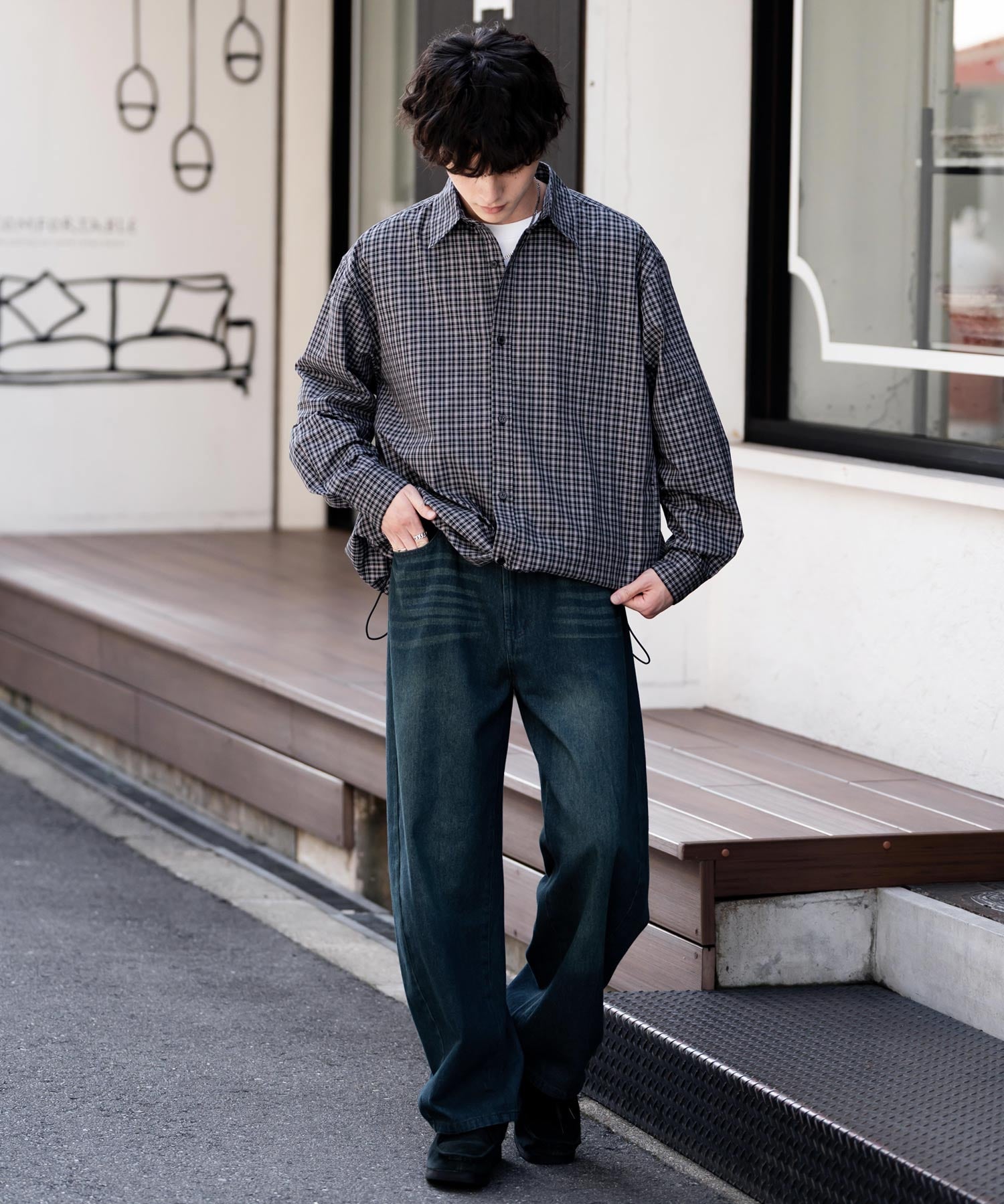 オーバーサイズ 裾ドローコード付き2WAYチェック/ストライプ/無地レギュラーカラー長袖シャツジャケット 14761