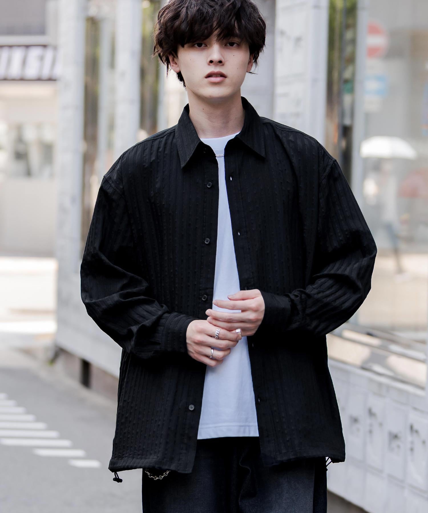 オーバーサイズ 裾ドローコード付き2WAYチェック/ストライプ/無地レギュラーカラー長袖シャツジャケット 14761