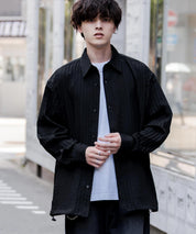 オーバーサイズ 裾ドローコード付き2WAYチェック/ストライプ/無地レギュラーカラー長袖シャツジャケット 14761