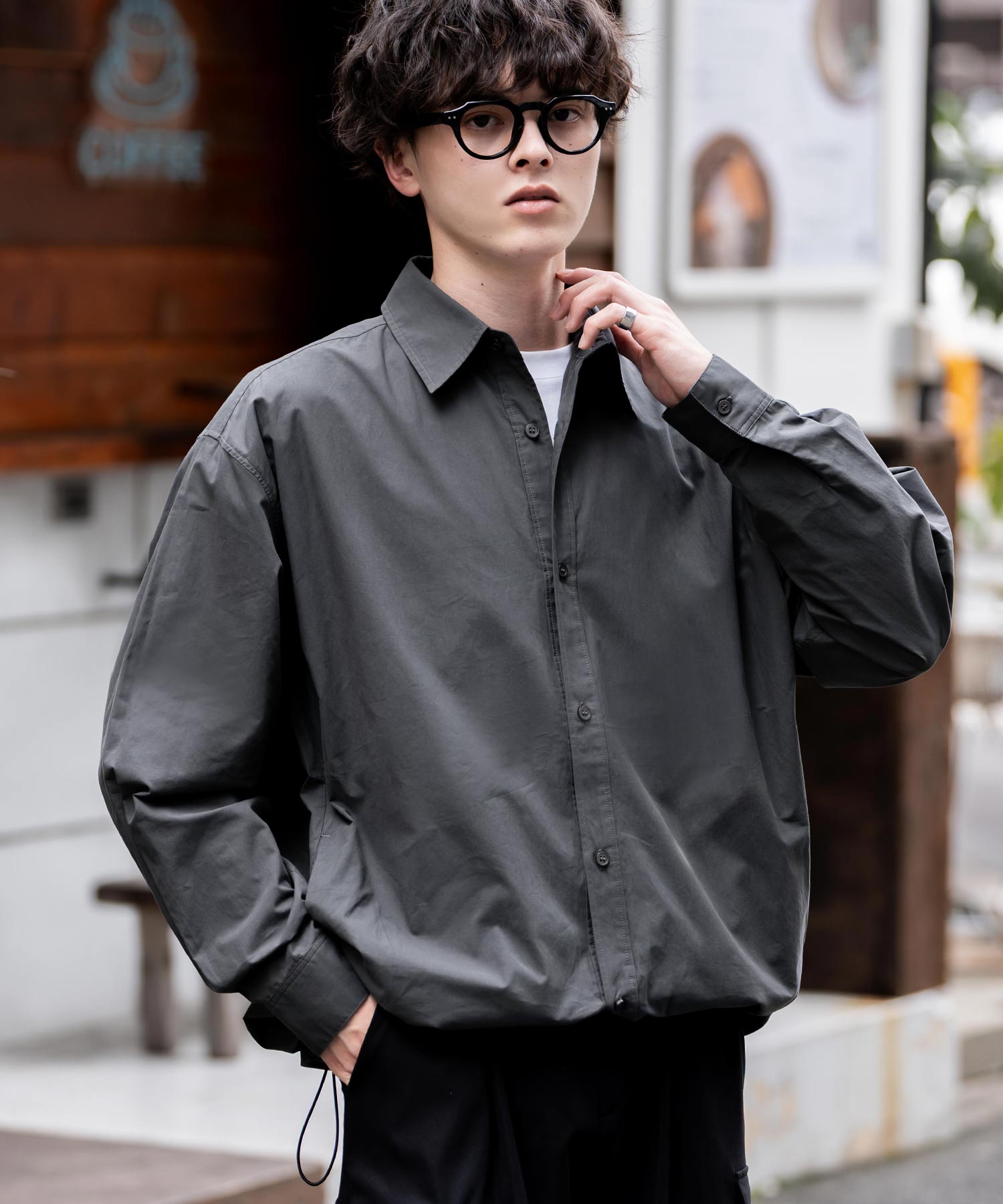 オーバーサイズ 裾ドローコード付き2WAYチェック/ストライプ/無地