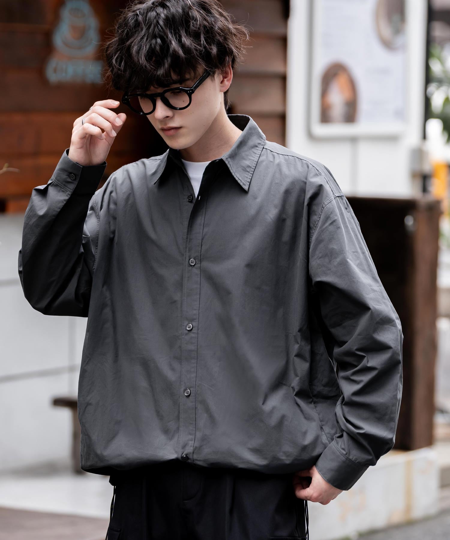 オーバーサイズ 裾ドローコード付き2WAYチェック/ストライプ/無地レギュラーカラー長袖シャツジャケット 14761