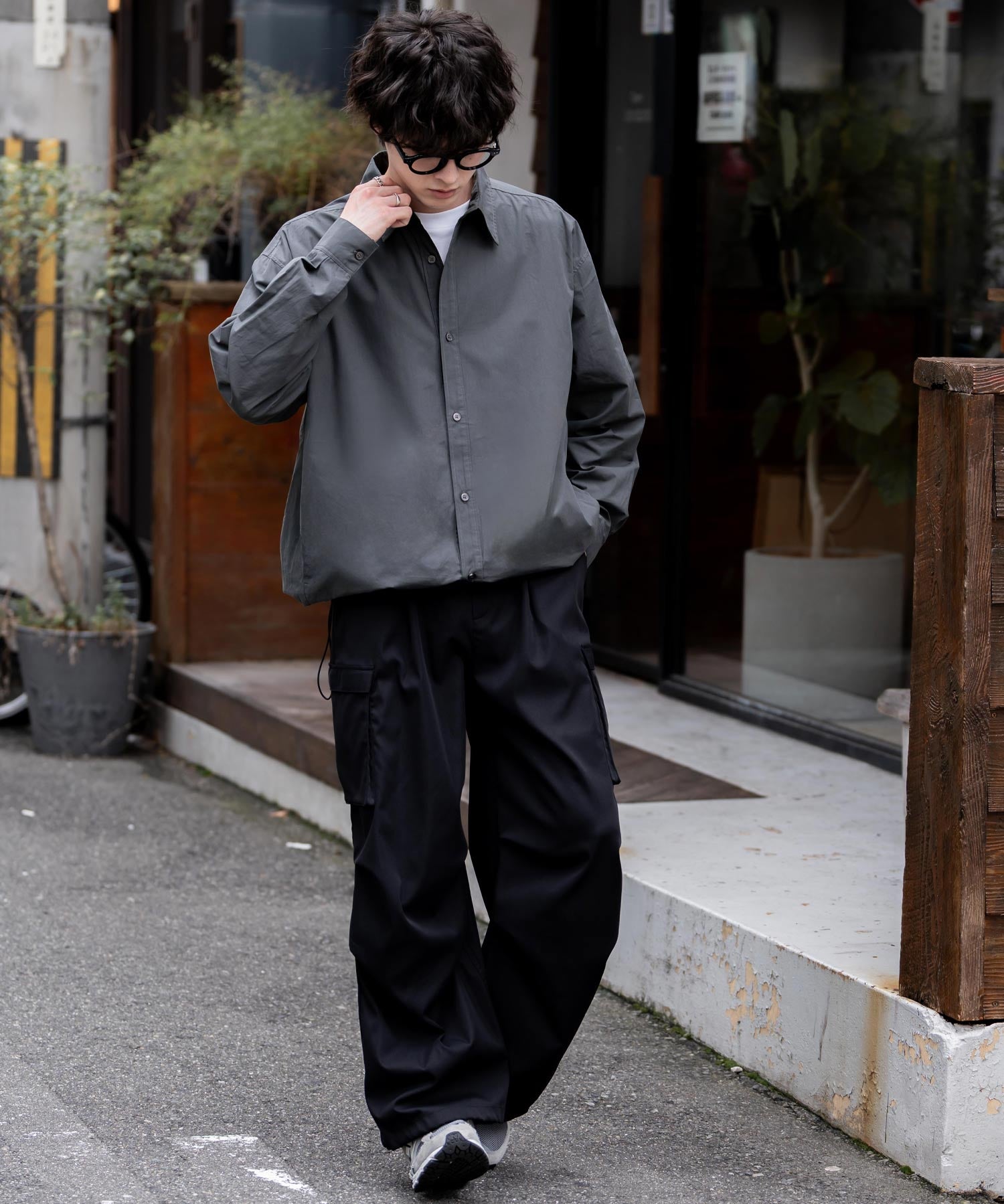 オーバーサイズ 裾ドローコード付き2WAYチェック/ストライプ/無地レギュラーカラー長袖シャツジャケット 14761
