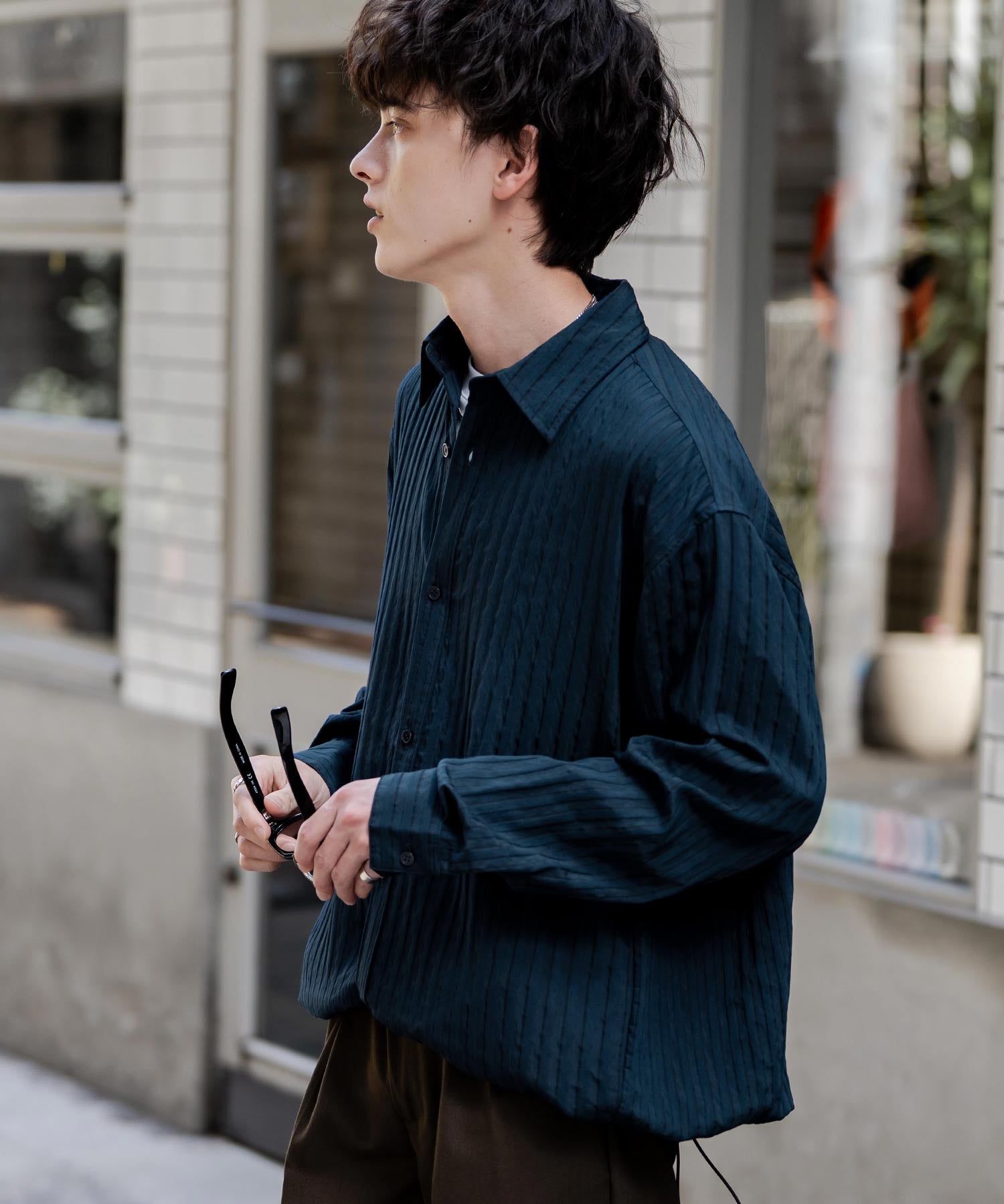オーバーサイズ 裾ドローコード付き2WAYチェック/ストライプ/無地レギュラーカラー長袖シャツジャケット 14761