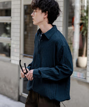 オーバーサイズ 裾ドローコード付き2WAYチェック/ストライプ/無地レギュラーカラー長袖シャツジャケット 14761