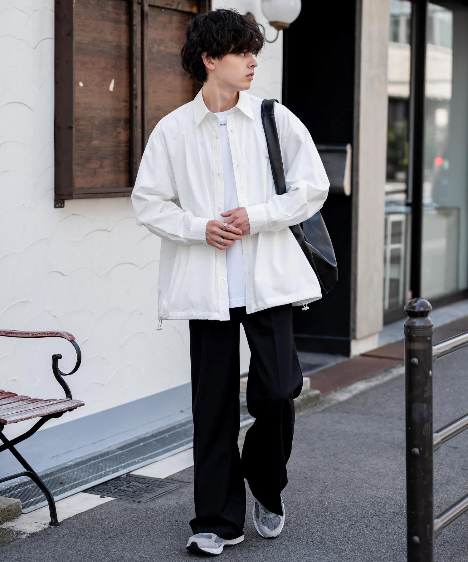 オーバーサイズ 裾ドローコード付き2WAYチェック/ストライプ/無地レギュラーカラー長袖シャツジャケット 14761