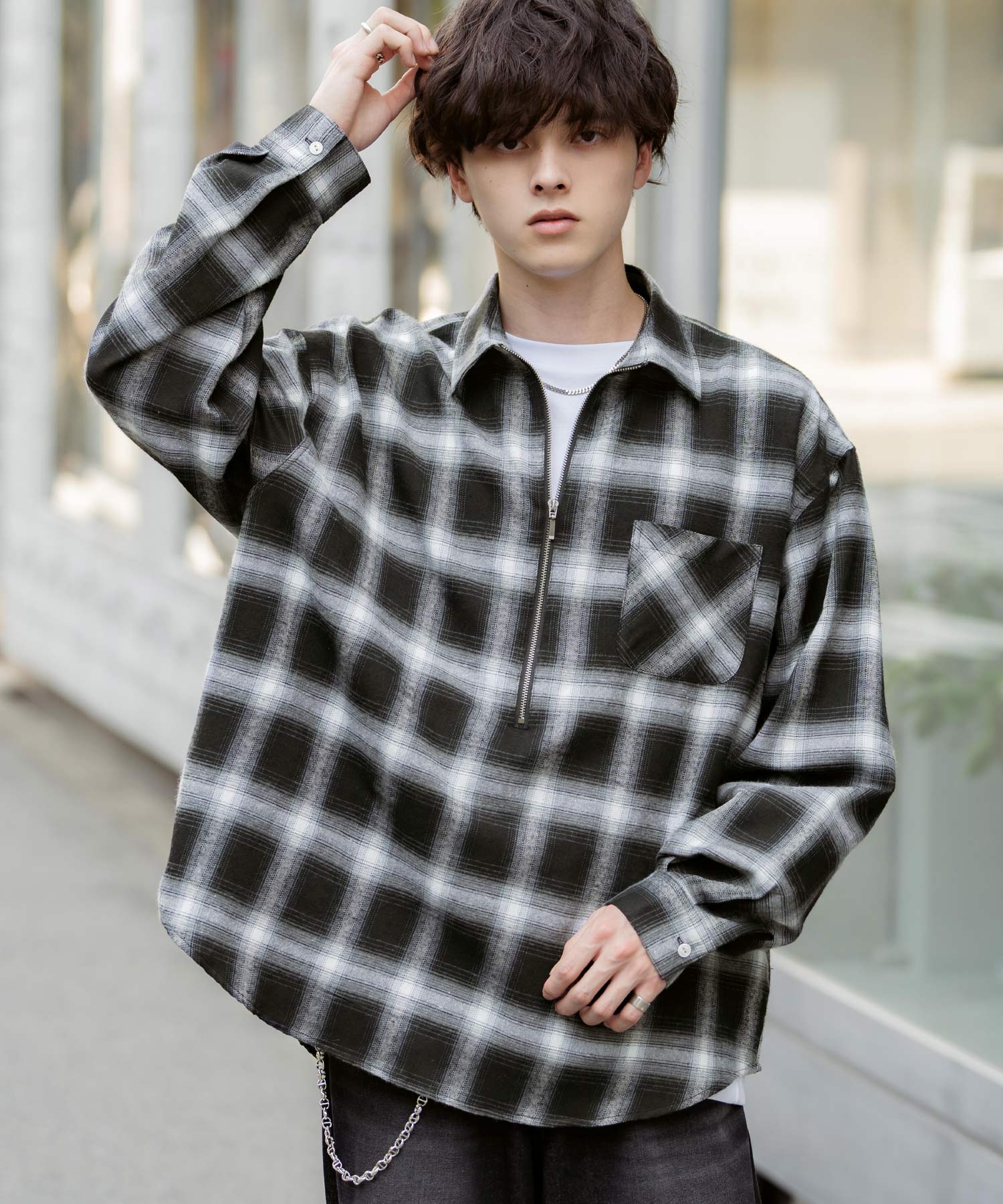 ハーフジップオーバーサイズチェックシャツ/オンブレチェック