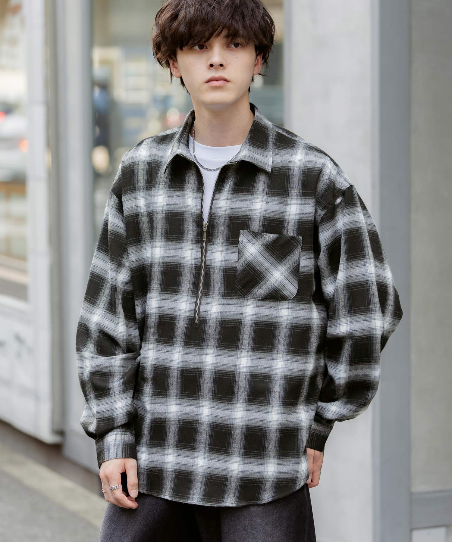 ハーフジップオーバーサイズチェックシャツ/オンブレチェック