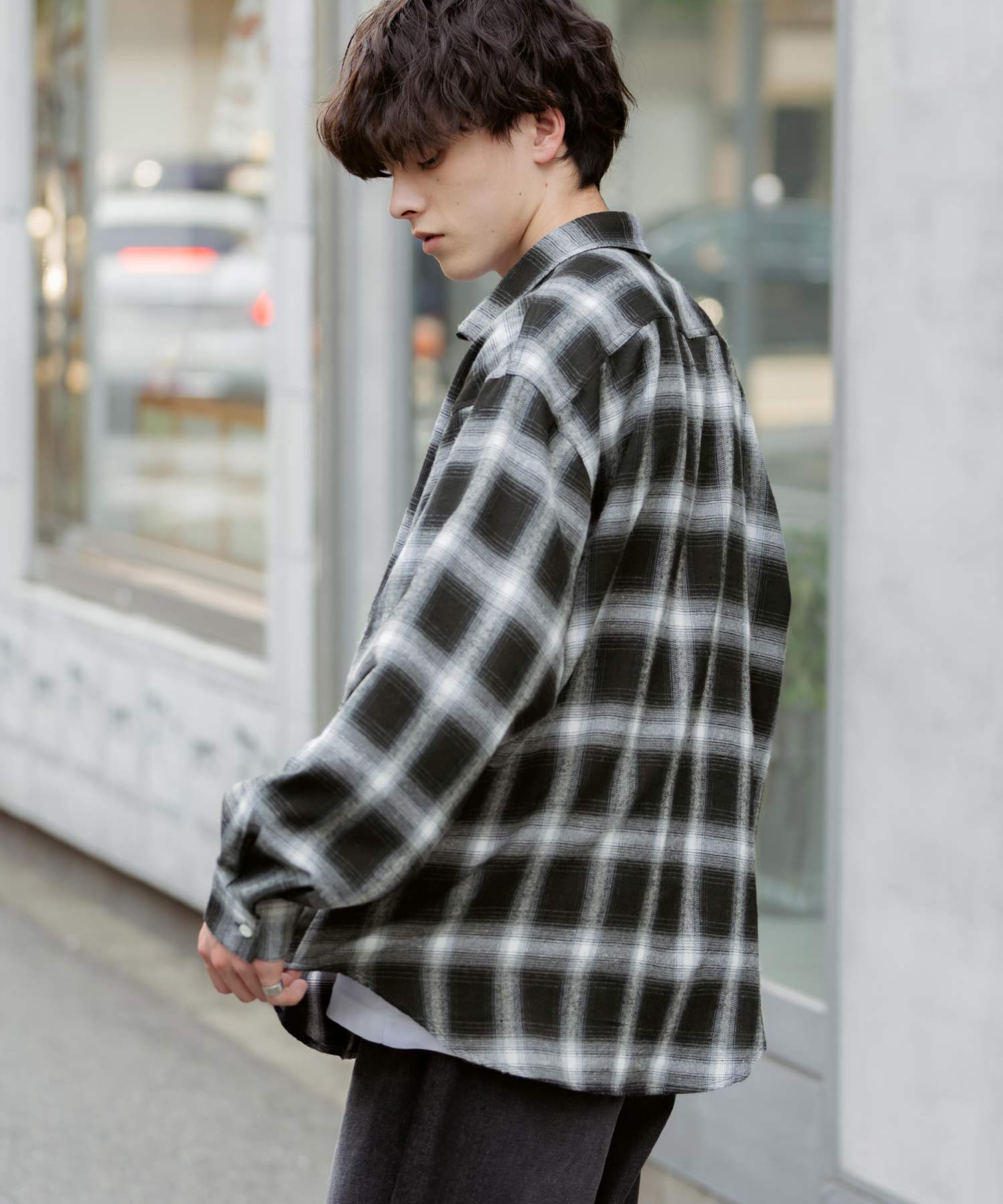 ハーフジップオーバーサイズチェックシャツ/オンブレチェック