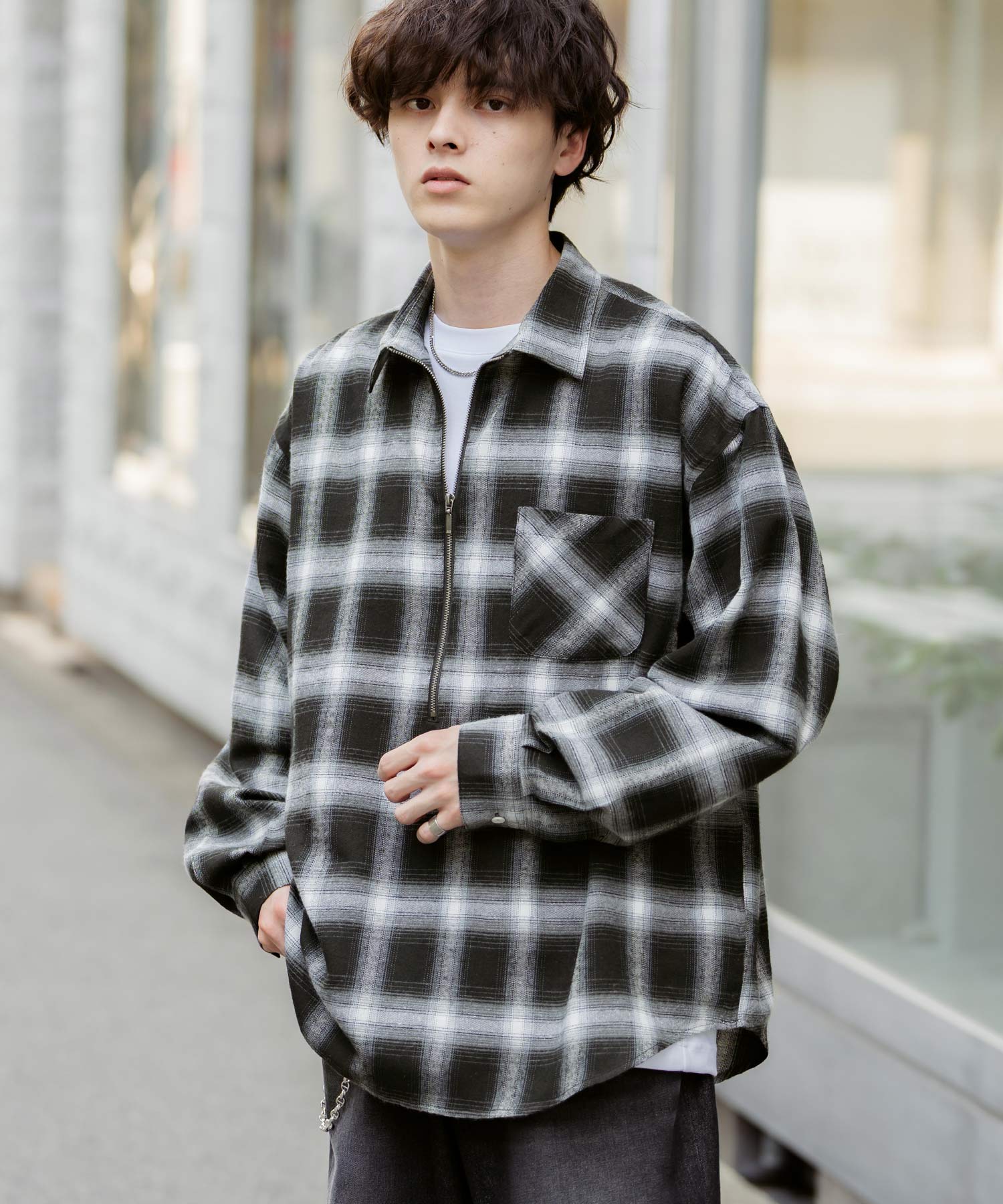 ハーフジップオーバーサイズチェックシャツ/オンブレチェック