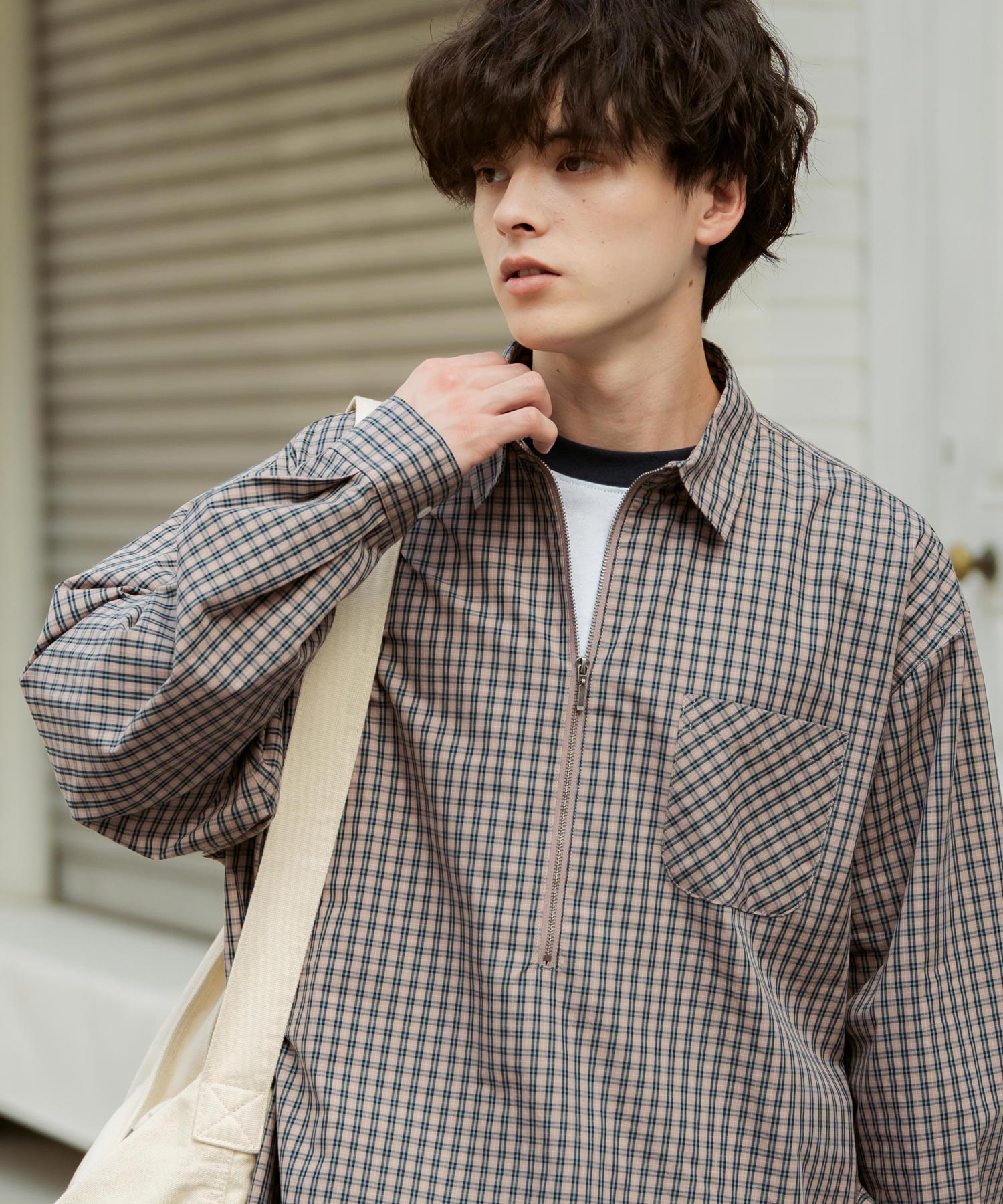 ハーフジップオーバーサイズチェックシャツ/オンブレチェック