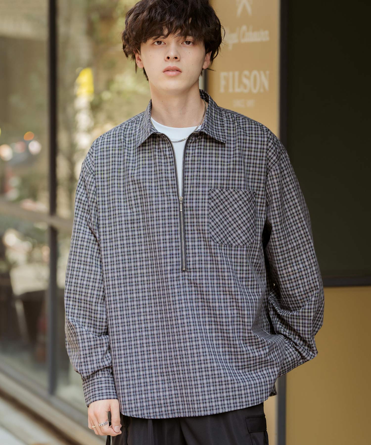 Mr.Bond タータンチェック チンスト付き ハーフジップウールシャツ S～M ハーフジップオーバーサイズチェックシャツ/オンブレチェック