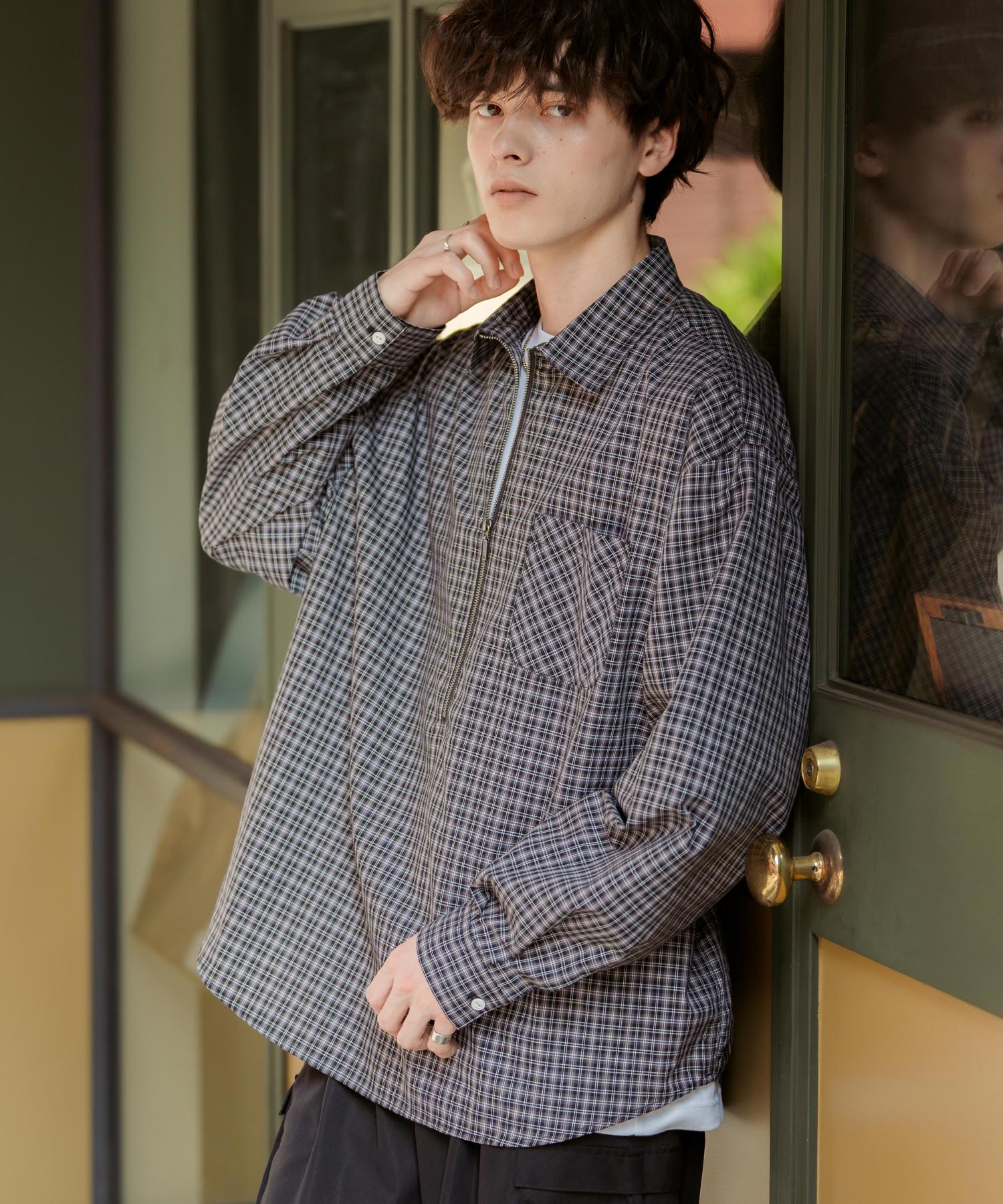 ハーフジップオーバーサイズチェックシャツ/オンブレチェック