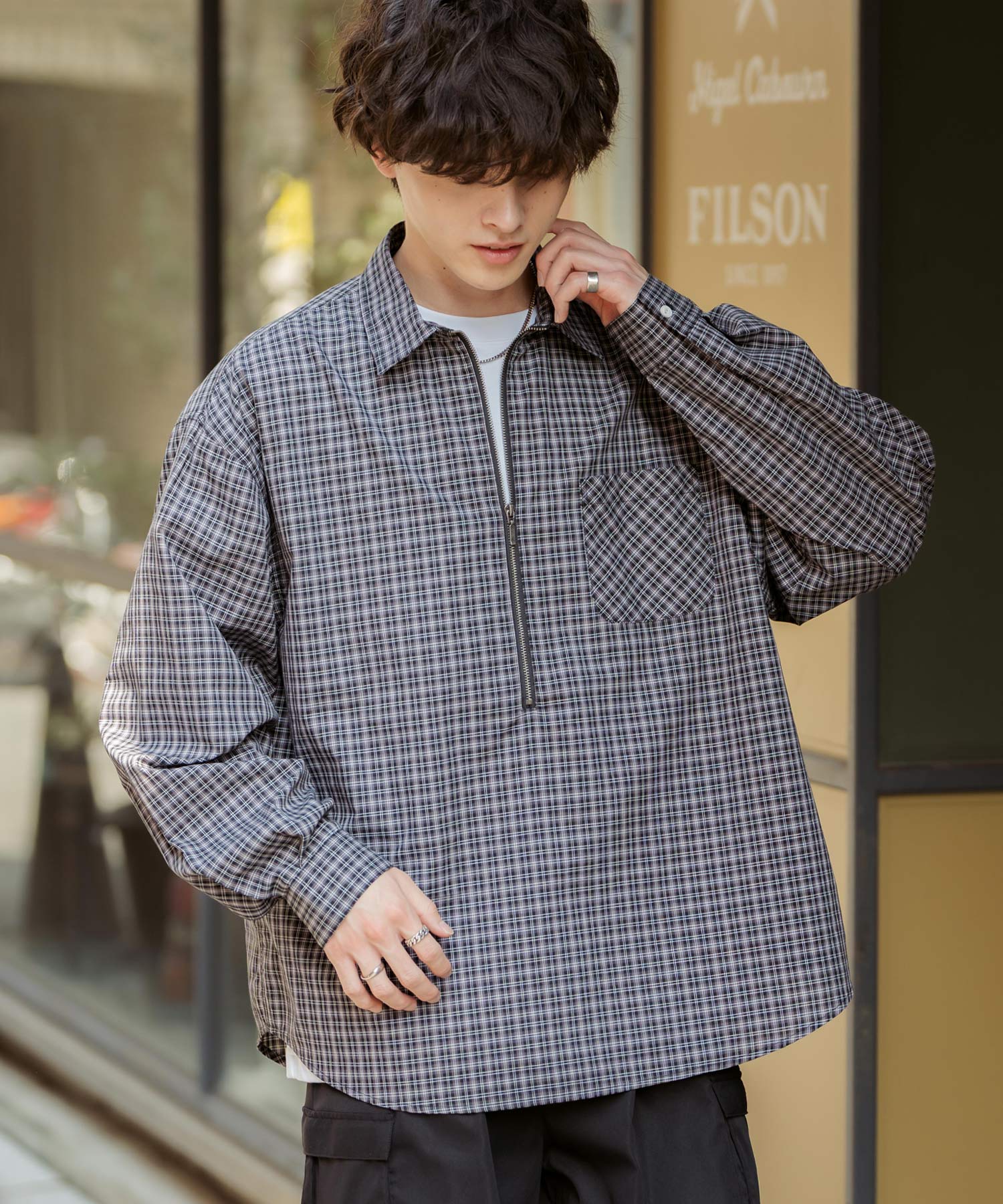 ハーフジップオーバーサイズチェックシャツ/オンブレチェック