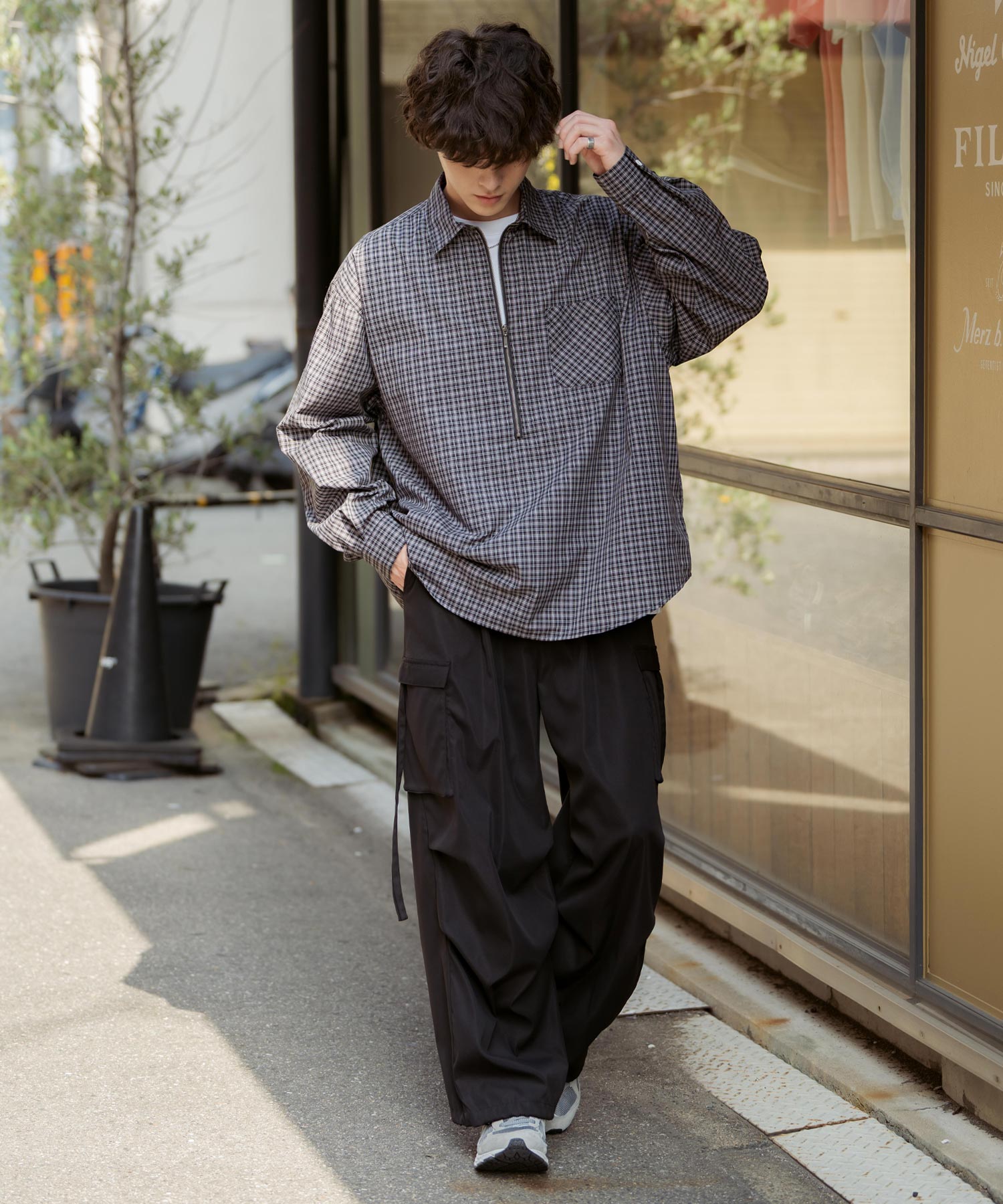 ハーフジップオーバーサイズチェックシャツ/オンブレチェック